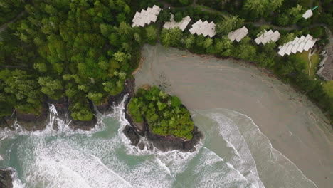 AERIAL-Shot-of-a-beach-in-Tofino,-British-Columbia,-Canada