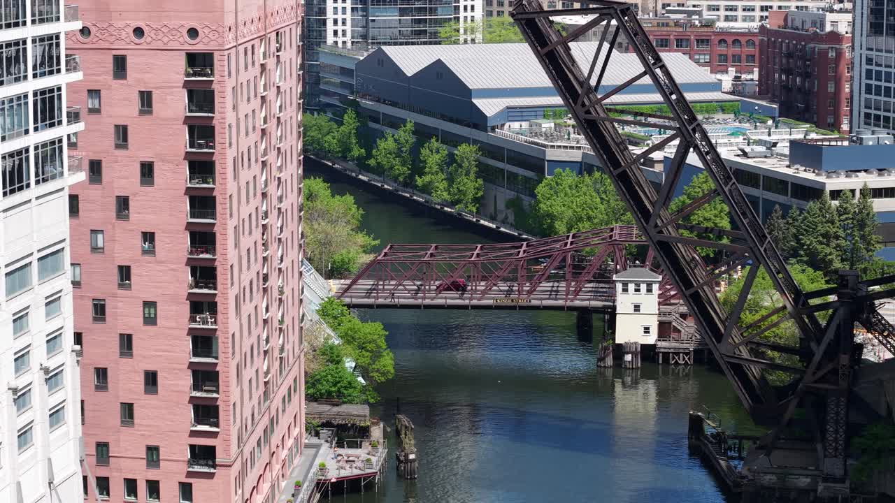 Chicago USA, Drone Shot of Kinzie Street Railroad Bascule Bridge, Traffic and Buildings