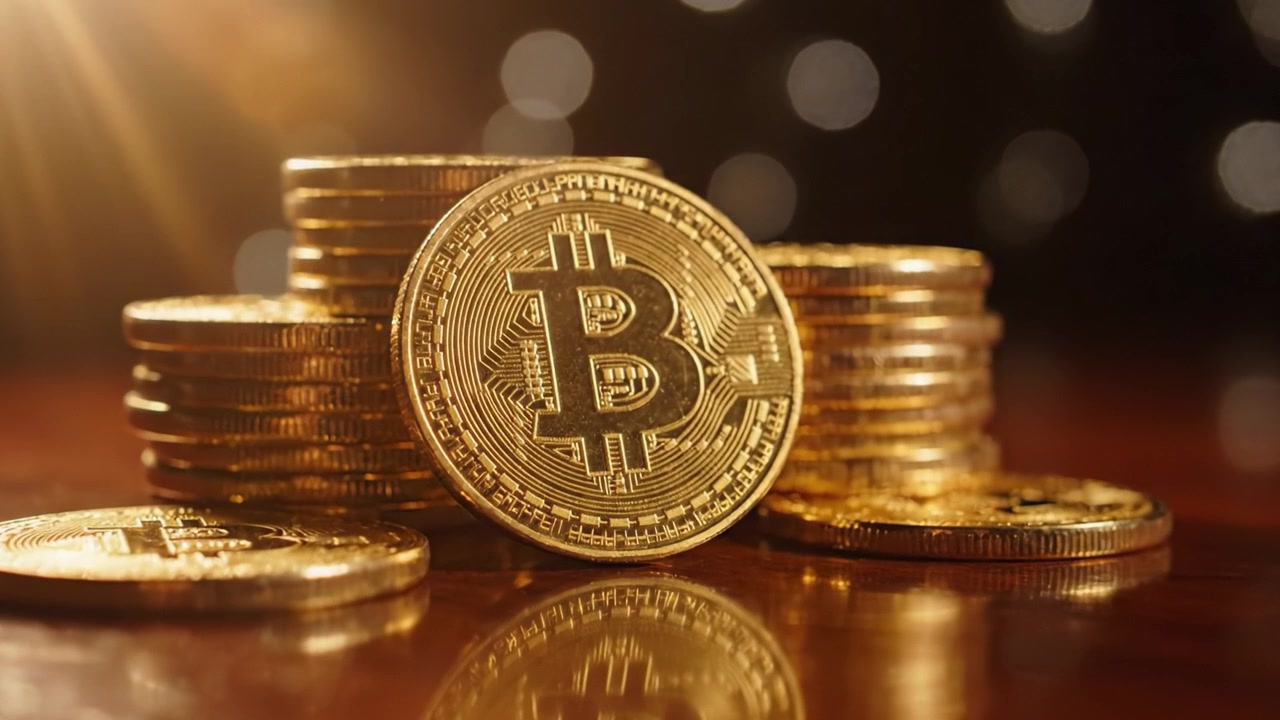 Una vista ravvicinata di monete Bitcoin luccicanti impilate su una superficie di legno, che evidenzia il design intricato e la qualità riflettente della valuta digitale in un ambiente delicatamente illuminato.