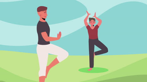niños practicando yoga en el paisaje