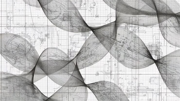Playing generative ribbon loops translating and deforming on blueprint grid, showing evolving knots