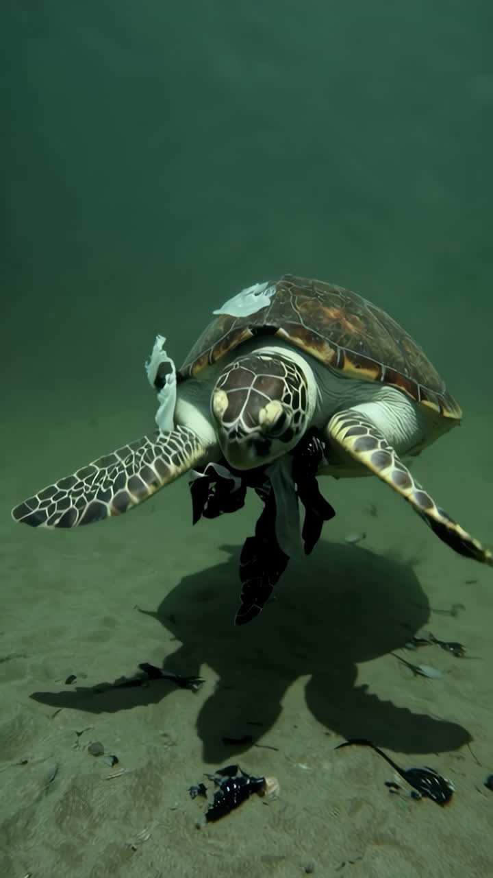 Sea Turtle Amidst Plastic Waste Underwater