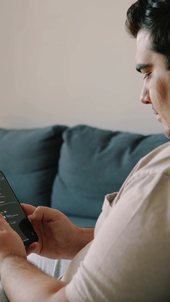 Vertikální video: Zobrazené menu, muž ve světlém tričku ťuká do telefonu, kontroluje menu na tyrkysové pohovce, s místem pro text.