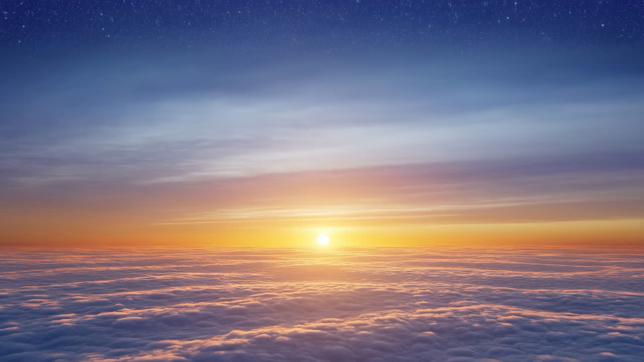 Alba sopra un mare di nuvole, orizzonte dorato. Prospettiva aerea che evoca il punto di vista del pilota, luce cinematografica che si diffonde