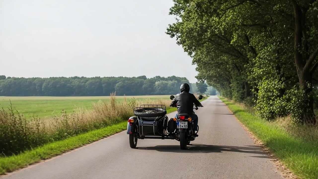 A Biker with a Sidecar Navigates a Scenic Country Road Lined with Lush Trees, Embracing the Freedom of the Open Road and the Calmness of Nature