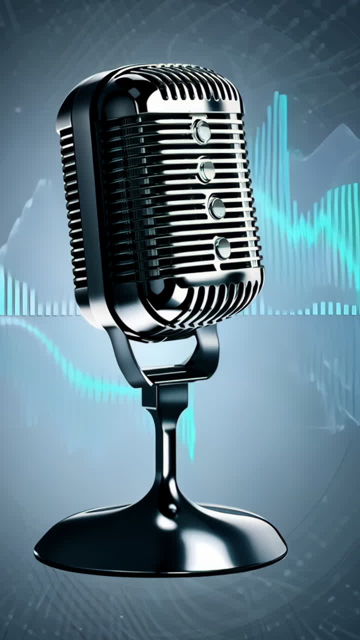 A microphone is shown with a blue and green background. The microphone is silver and has a black cord. The background is a mix of blue and green colors, which gives the image a futuristic