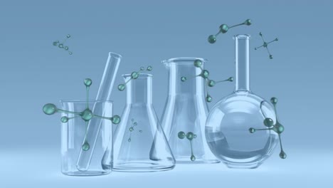 Animation-of-chemical-green-molecules-against-laboratory-test-tube-and-beakers