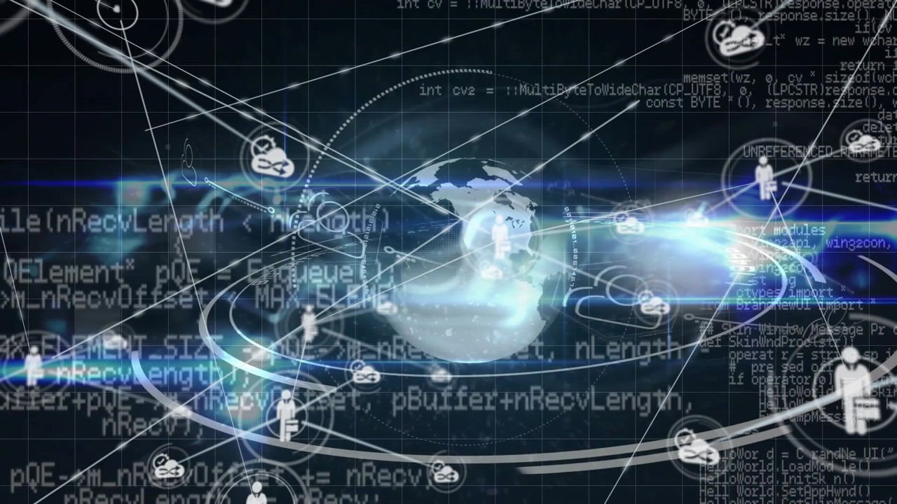 Animation of network of connections with icons over globe