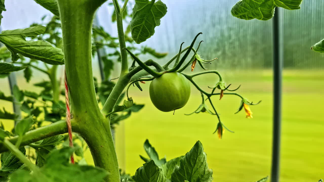 Unripe tomato on vine inside greenhouse, early summer growth stage of vegetable crop