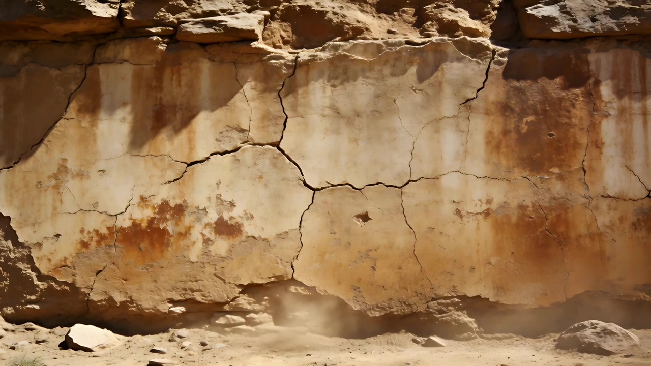 Montrant une paroi rocheuse en grès avec des fissures et des taches de rouille sur un sol sablonneux, une légère tache de poussière s'étendant.