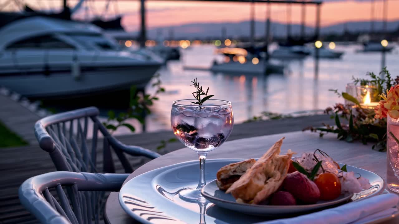 Refreshing cocktail and a delicious dessert are served on a table in a marina restaurant, creating a perfect ambiance for enjoying the sunset over the harbor