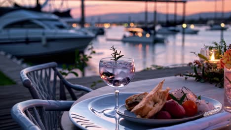 refreshing cocktail and a delicious dessert are served on a table in a marina restaurant, creating a perfect ambiance for enjoying the sunset over the harbor