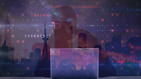 Animation of caucasian male hacker and cyber attack warning over cityscape