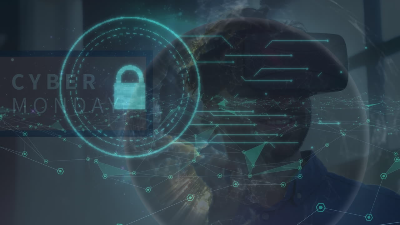 animación de datos, libra, globo y candado digital sobre el hombre caucásico en auriculares vr