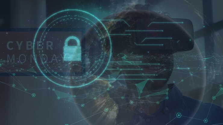 Animation of data, pound, globe and digital padlock over caucasian man in vr headset