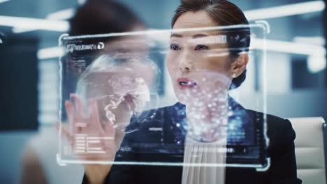 a focused professional engages with interactive technology, demonstrating expertise and innovation in a modern workspace with high-tech visuals and communication