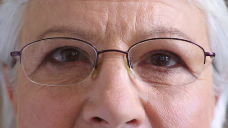 closeup of senior woman's eyes thinking of a happy