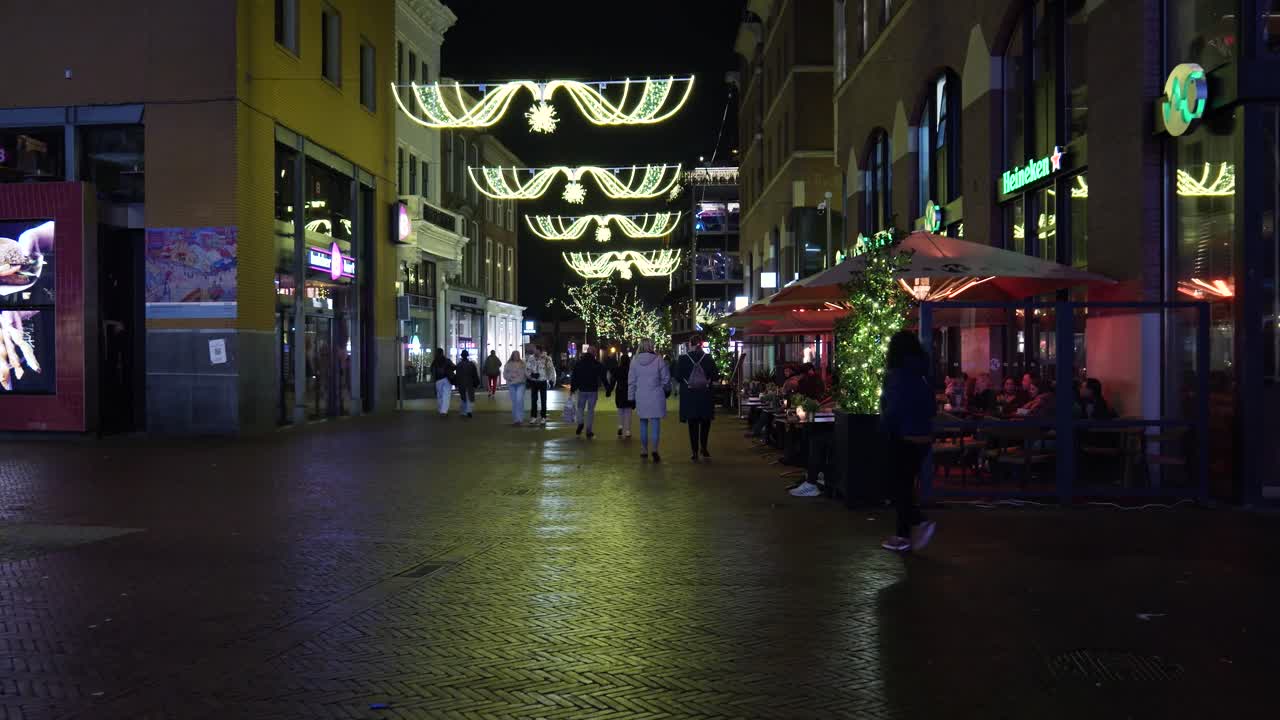 City Street at Night with Christmas Decorations