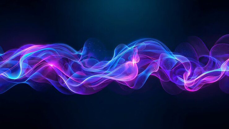 Nastri fluenti che si spostano a destra all'avvio dell'animazione su gradiente blu scuro, formando creste e filamenti