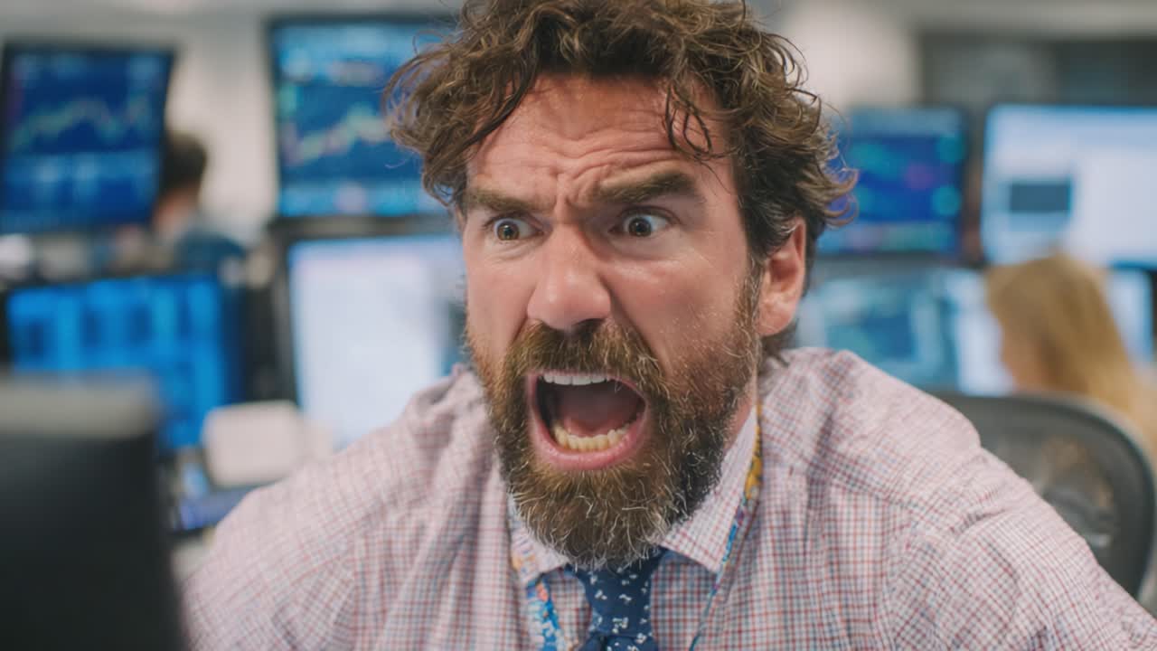 Intense Reaction in a Fast-Paced Trading Environment: A Trader's Frustration Captured in a High-Stress Financial Scenario, Highlighting Emotional Strain and Focus