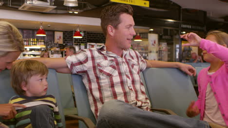 family waiting in airport departure lounge shot on r3d