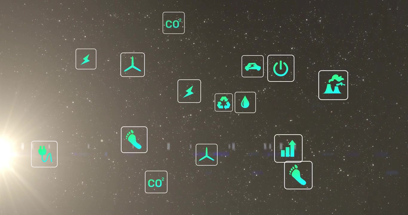 Ikoner vises fra et lysglimt til venstre, driver og samler seg, og visualiserer bærekraftig grønn energi.