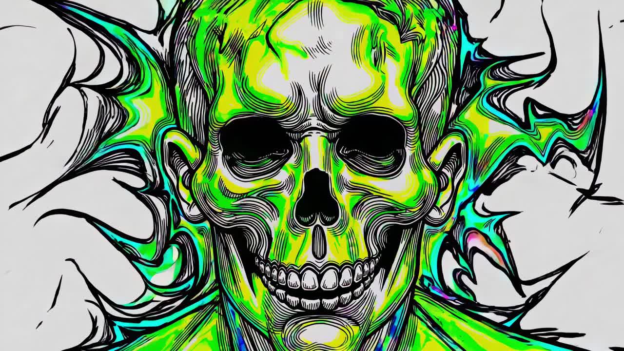 Detailed skull drawing pulsing with glowing neon colors, transforming into surreal psychedelic nightmare against pristine white background, creating intense visual experience