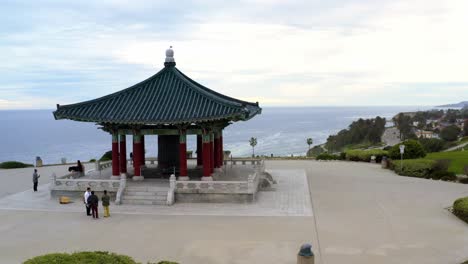 AERIAL-SPEED-UP:-Korean-Friendship-Bell,-San-Pedro,-California