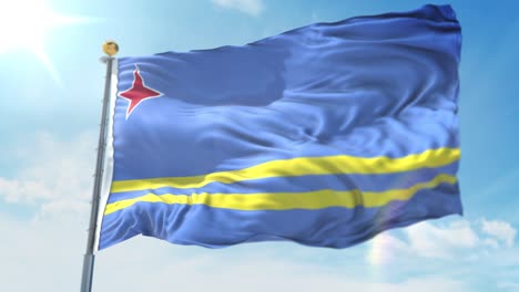 4k-Ilustración-3d-De-La-Bandera-Ondeante-En-Un-Poste-Del-País-Aruba