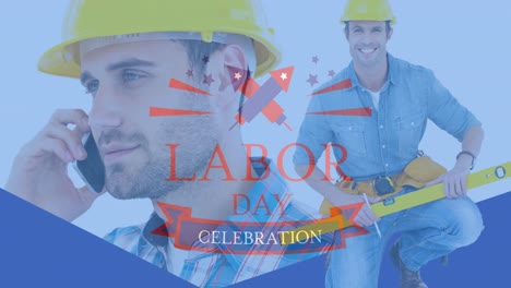 Animation-of-labor-day-text-over-happy-caucasian-male-workers-and-tools