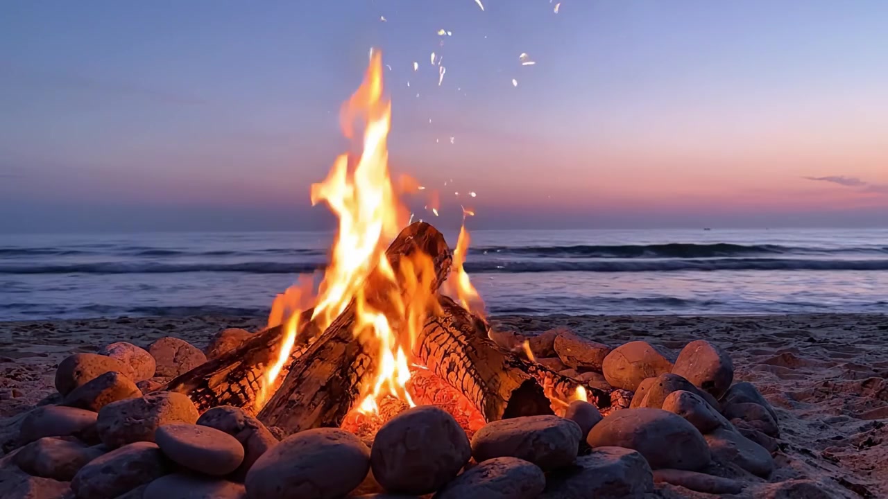 Falò affascinante sulla spiaggia al tramonto: un raduno sereno in riva al mare con fiamme ardenti, carboni che sfrigolano e dolci onde dell'oceano sullo sfondo.
