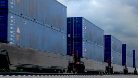 Zug-Mit-Einer-Unendlichen-Anzahl-Von-Containerwaggons.-Der-Gütertransport-Von-Schwergütern-Des-Täglichen-Bedarfs.-Von-Einer-Leistungsstarken-Lokomotive-Gezogene-Waggons.-Eisenbahnlogistik.-Endlos-Wiederholbar.-HD