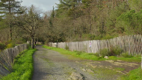 Hermoso-Paisaje-De-Parque-Con-Camino-De-Tierra-Y-Valla-Rodeada-De-árboles-En-El-Parque-De-San-Nicolas,-Enfados,-Francia