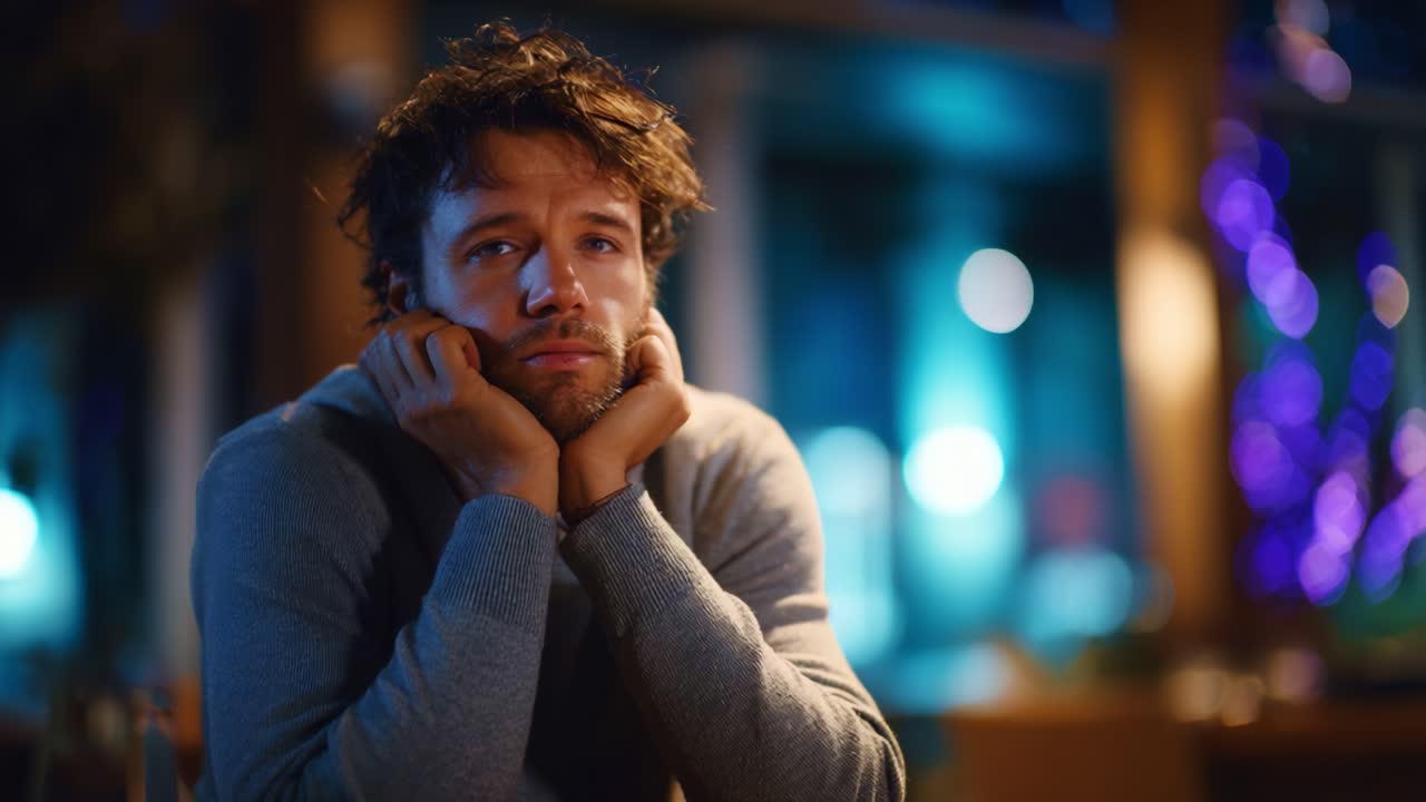 A contemplative moment captures a man deep in thought, conveying emotions of introspection and vulnerability against a softly lit, vibrant backdrop