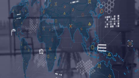 Animation-of-circuit-board-pattern-on-map-and-geometric-shapes-over-empty-office