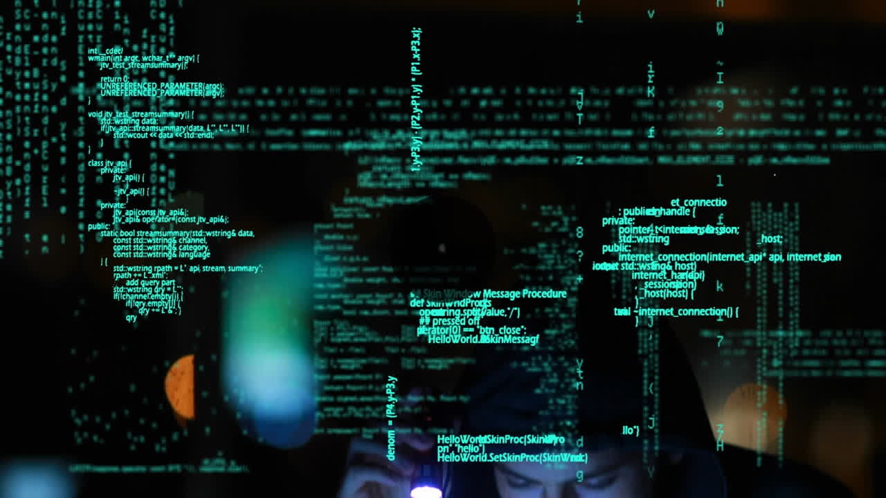 Animation of connected icons over lens flares and computer language against black background