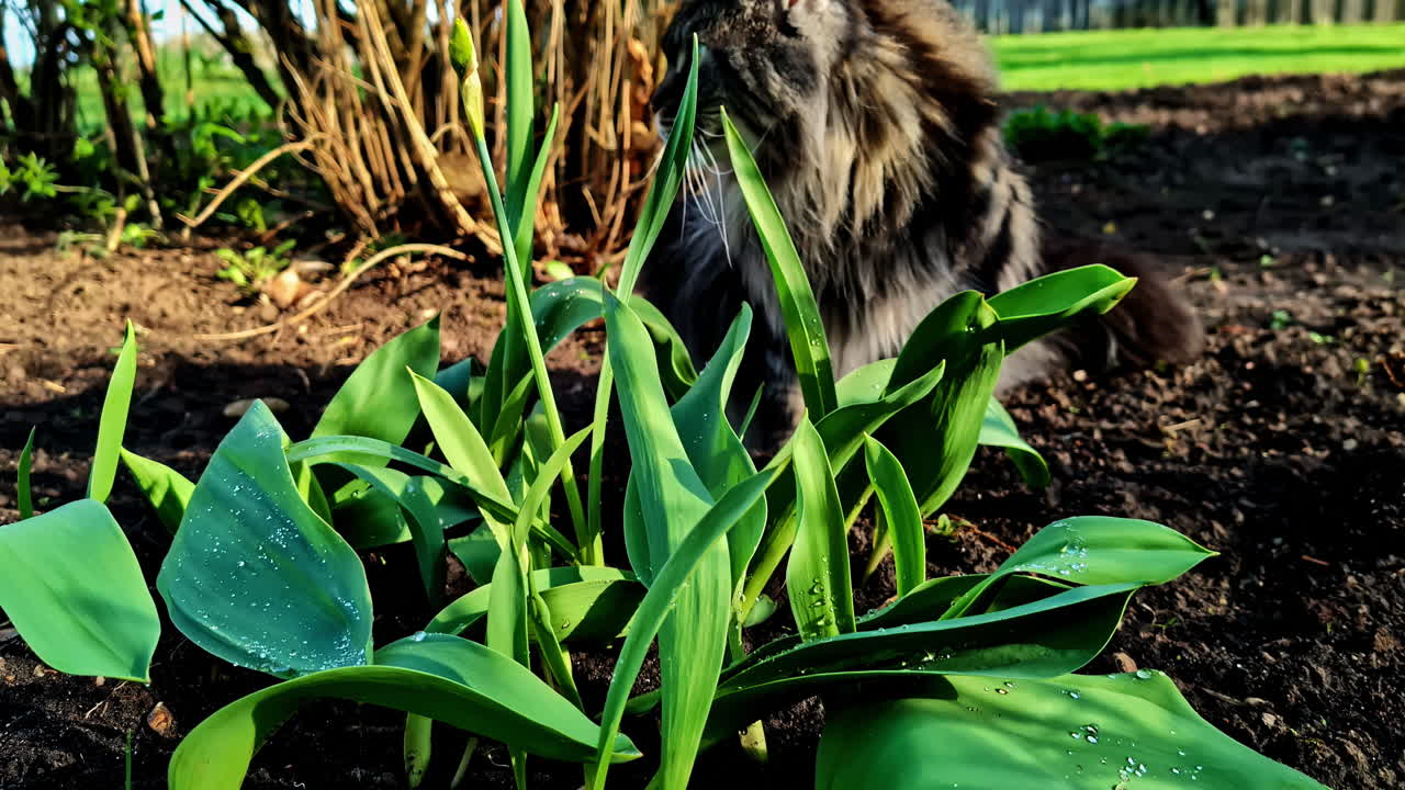Fluffy maine coon cat sitting in a garden among fresh green plants, enjoying the sunlight and nature