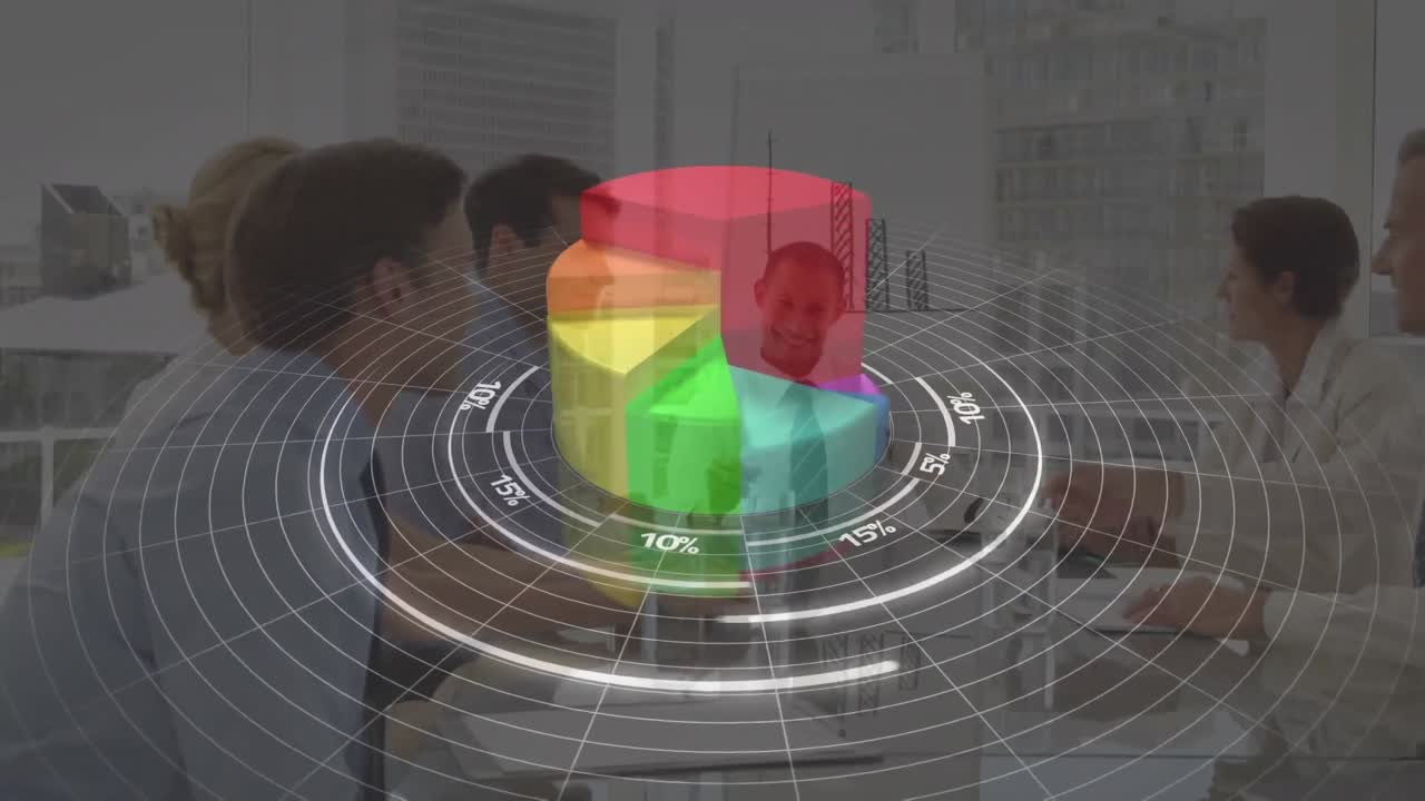 animación de estadísticas y procesamiento de datos financieros durante reuniones de negocios