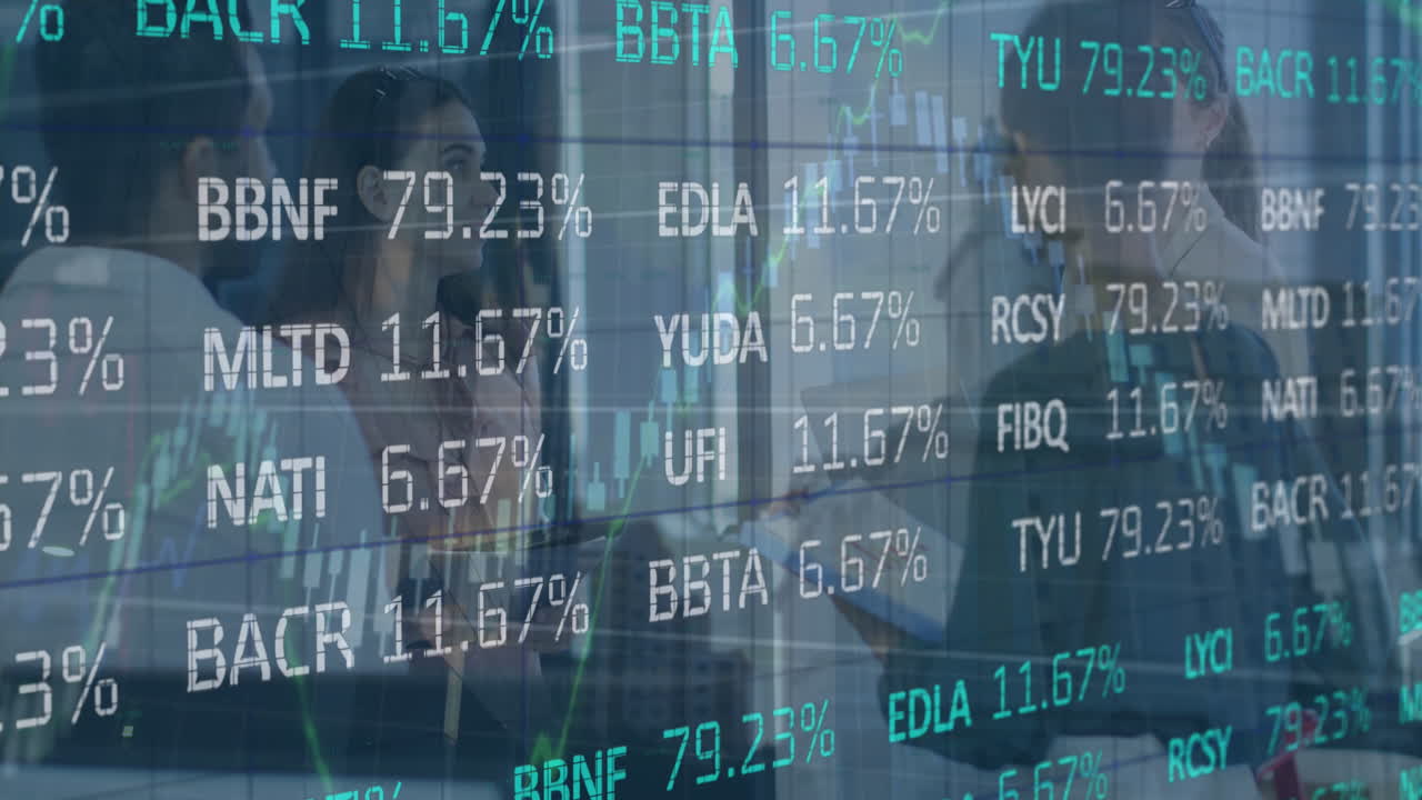 Animation of trading board and multiple graphs, diverse coworkers discussing in office