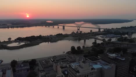 sunset in downtown memphis from drone