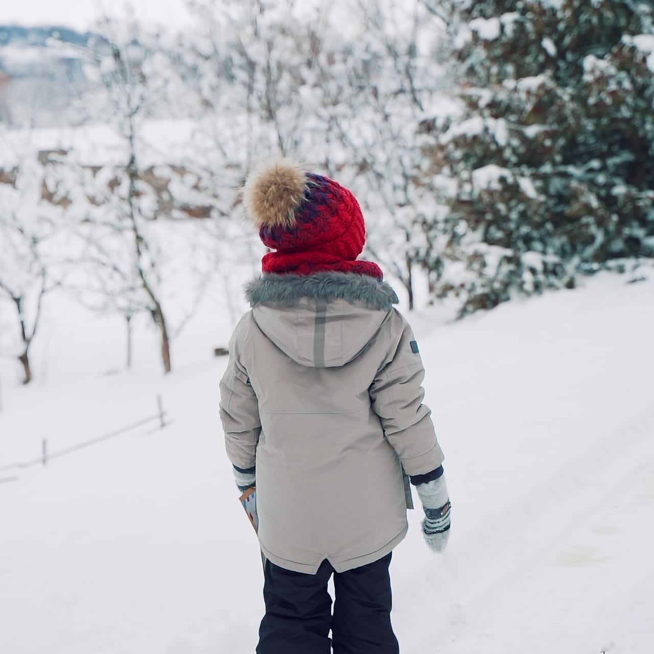 A little boy in a gray jacket and red hat is holding an envelope in his hands and waiting for someone in the middle of the path in the winter near the forest. The child is examining the area around him
