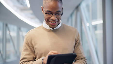 walking, tablet and black man research in office