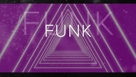 Animation-of-funk-text-in-white-with-circles-over-concentric-triangles-moving-on-purple-background