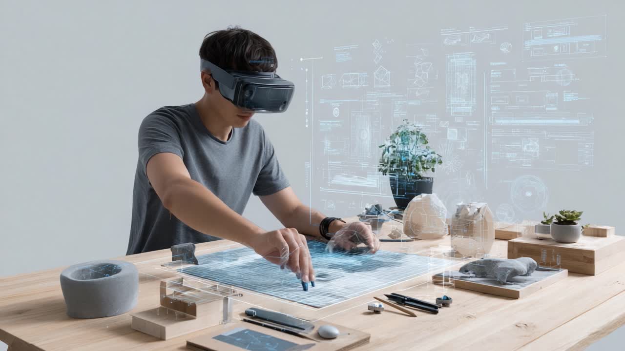Immersive Technology Exploration: A Young Individual Engaged in Virtual Reality Experience While Creating Digital Landscapes with Tools on a Wooden Table Surrounded by Modern Gadgets and Greenery