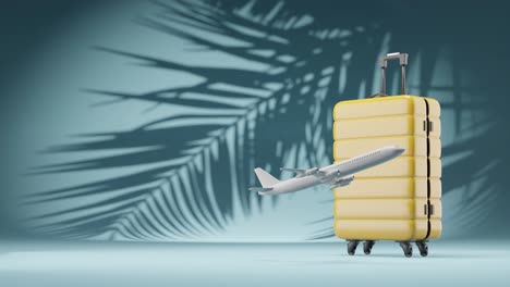 avión volando delante de una maleta amarilla, renderización 3d, animación, viajes, fondo de vacaciones tropicales