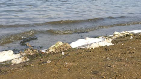 Foam-builds-up-on-lakeside-shore-wide-shot