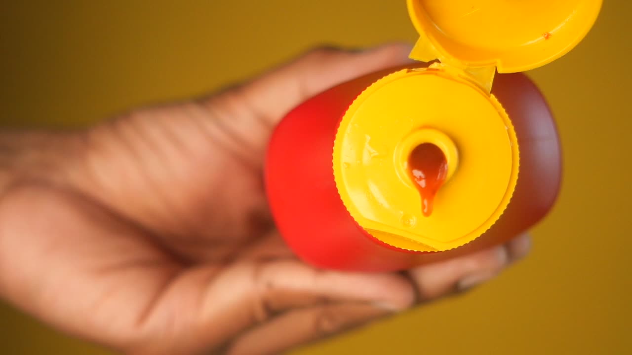 cerca de la mano vertiendo ketchup de la botella