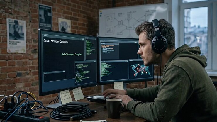 Programmierer, der an mehreren Monitoren in einem dunklen Technologie-Arbeitsbereich codiert