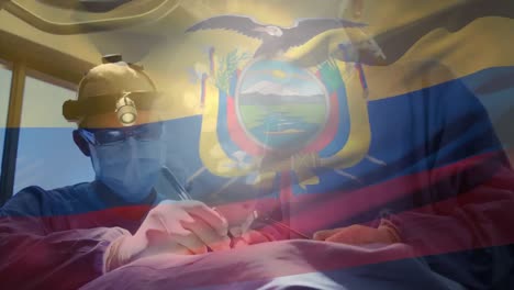 Animation-of-flag-of-ecuador-waving-over-surgeons-in-operating-theatre