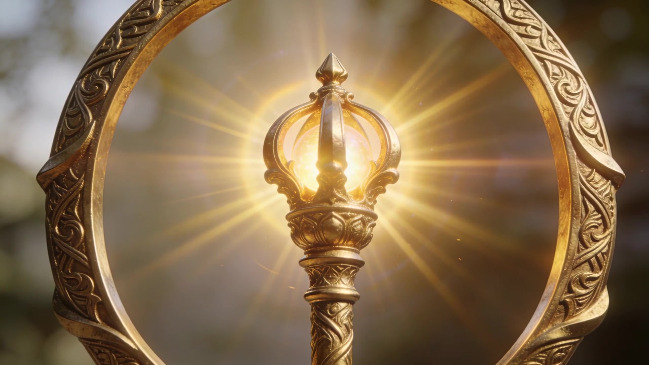 Sfera luminosa in cima a uno scettro d'oro, incorniciata da un anello inciso, che emette un bagliore nella natura soleggiata, illuminando la polvere.